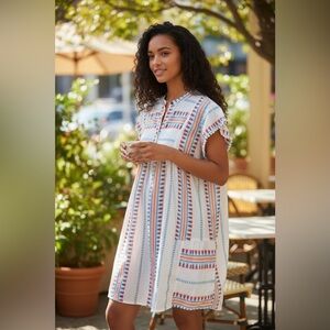 Grace Karma Boho Stripe Cotton Dress L Ruffle Sleeve